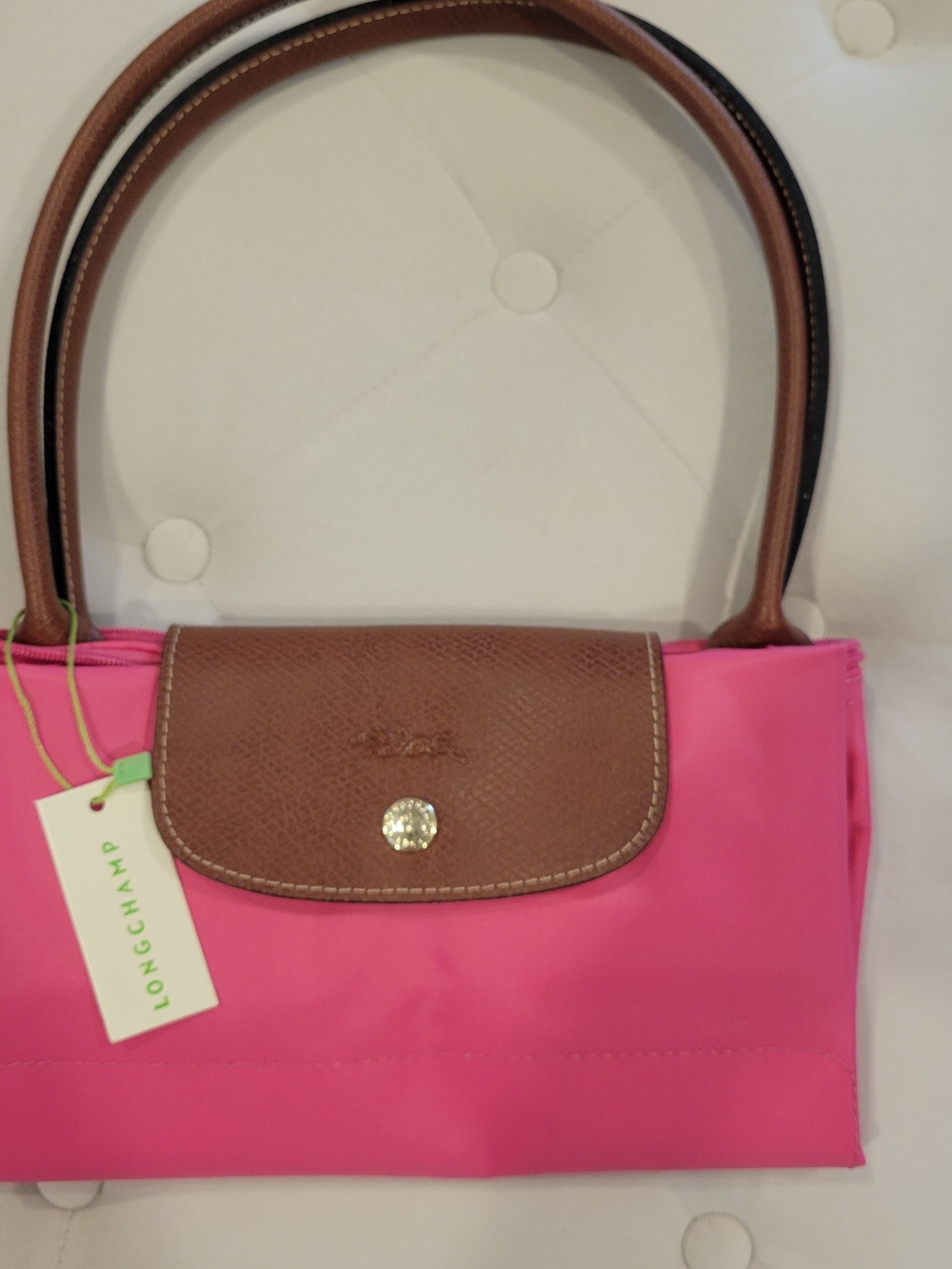 Longchamp Hot Pink Nylon Tote with Brown Leather Trim